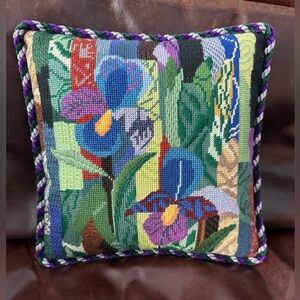 Vintage Hand Needlepoint Floral Accent Pillow